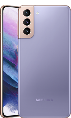 Two Galaxy S21 Plus 5G phones in Phantom Violet, one seen from the rear and one seen from the front with a purple graphic wallpaper onscreen.