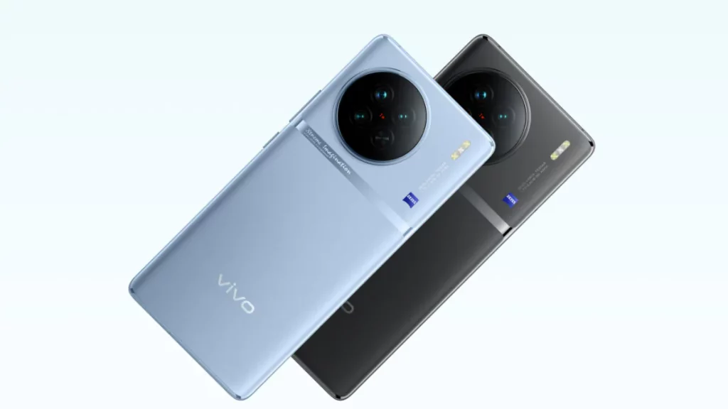  The image shows two Vivo X100 series phones in blue and black colors, which are powered by the MediaTek Dimensity 9300 chipset.